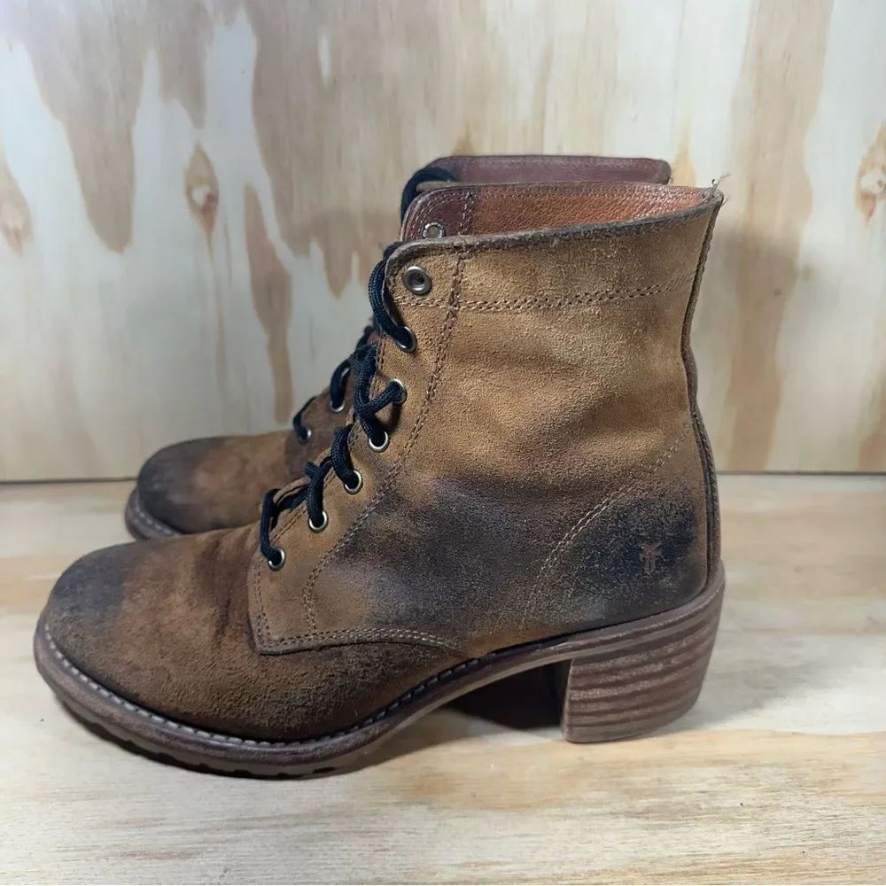 Frye Sabrina Brown Leather Chunky Heel Ankle Boots Women’s Size 10